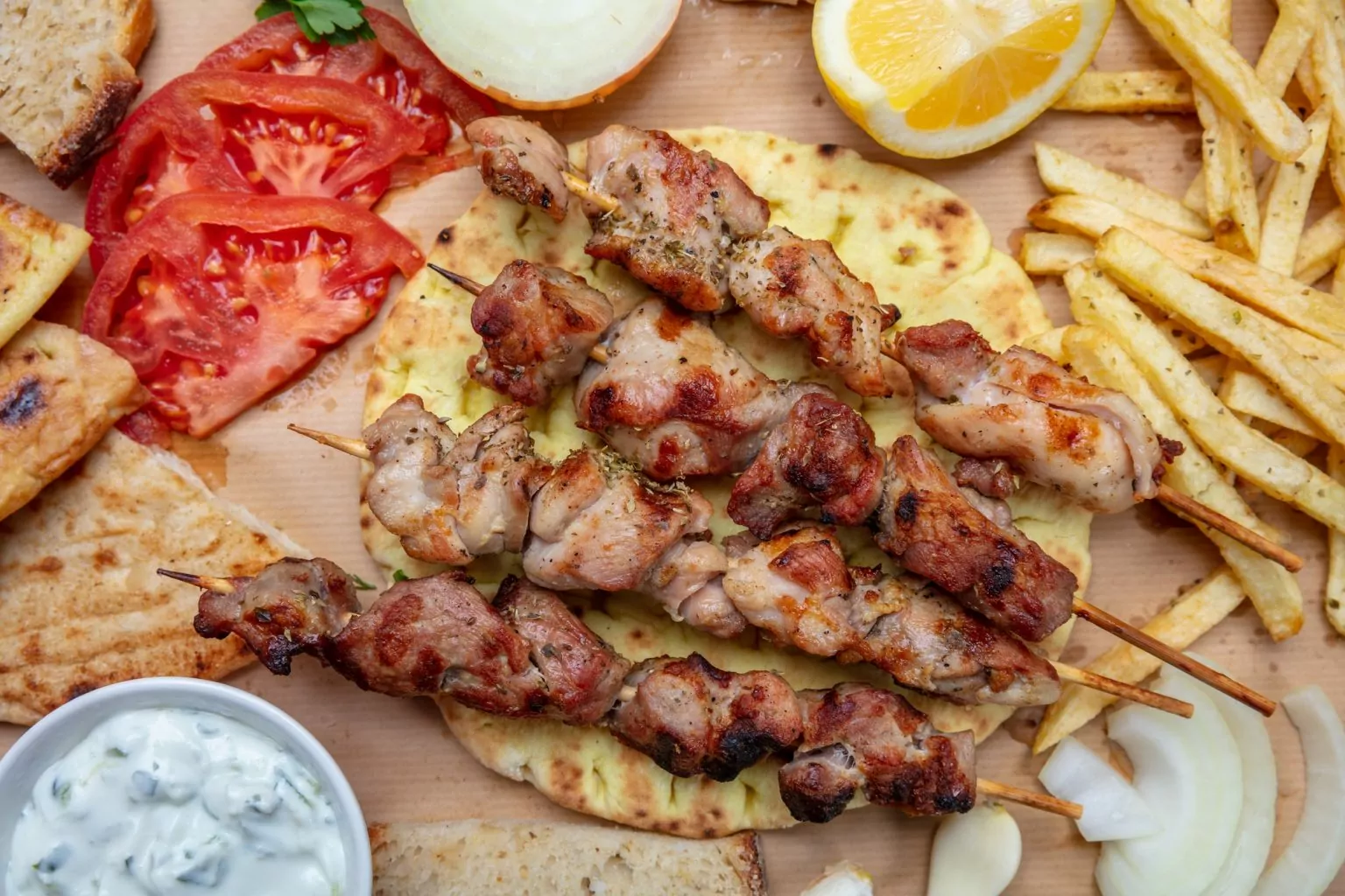 Souvlaki, meat skewers, traditional greek turkish meat food on pita bread